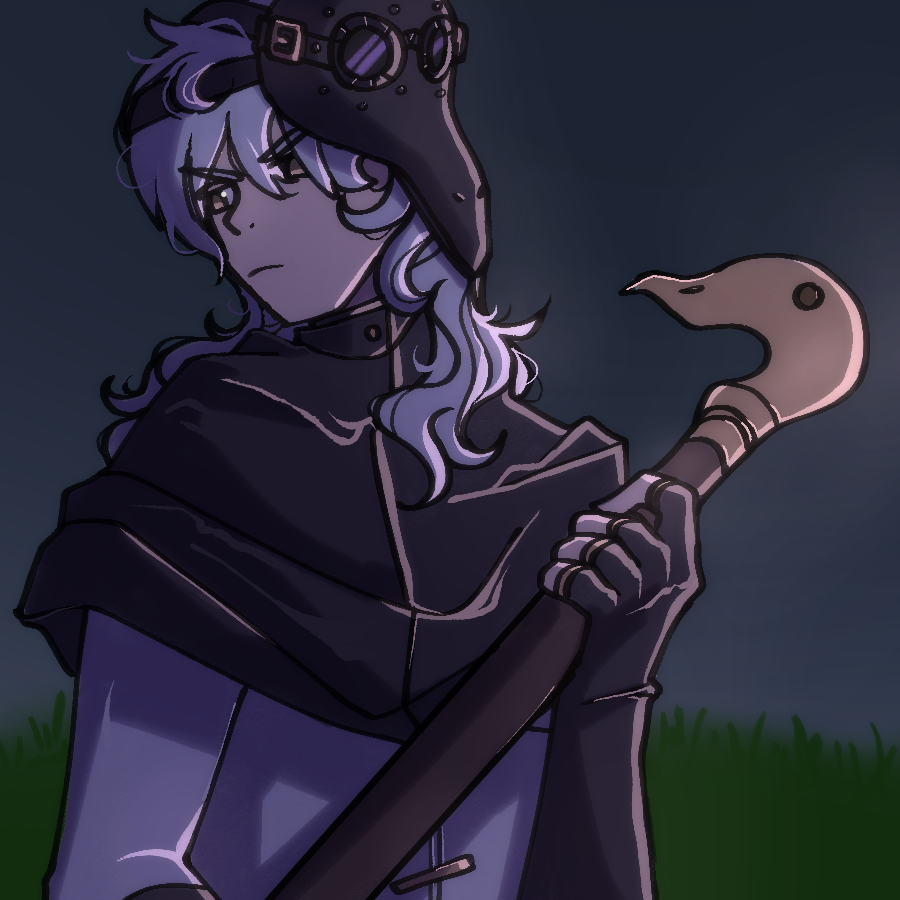 Drawn for Artfight 2024. The character Corbin at night, holding his staff and looking away from the viewer.