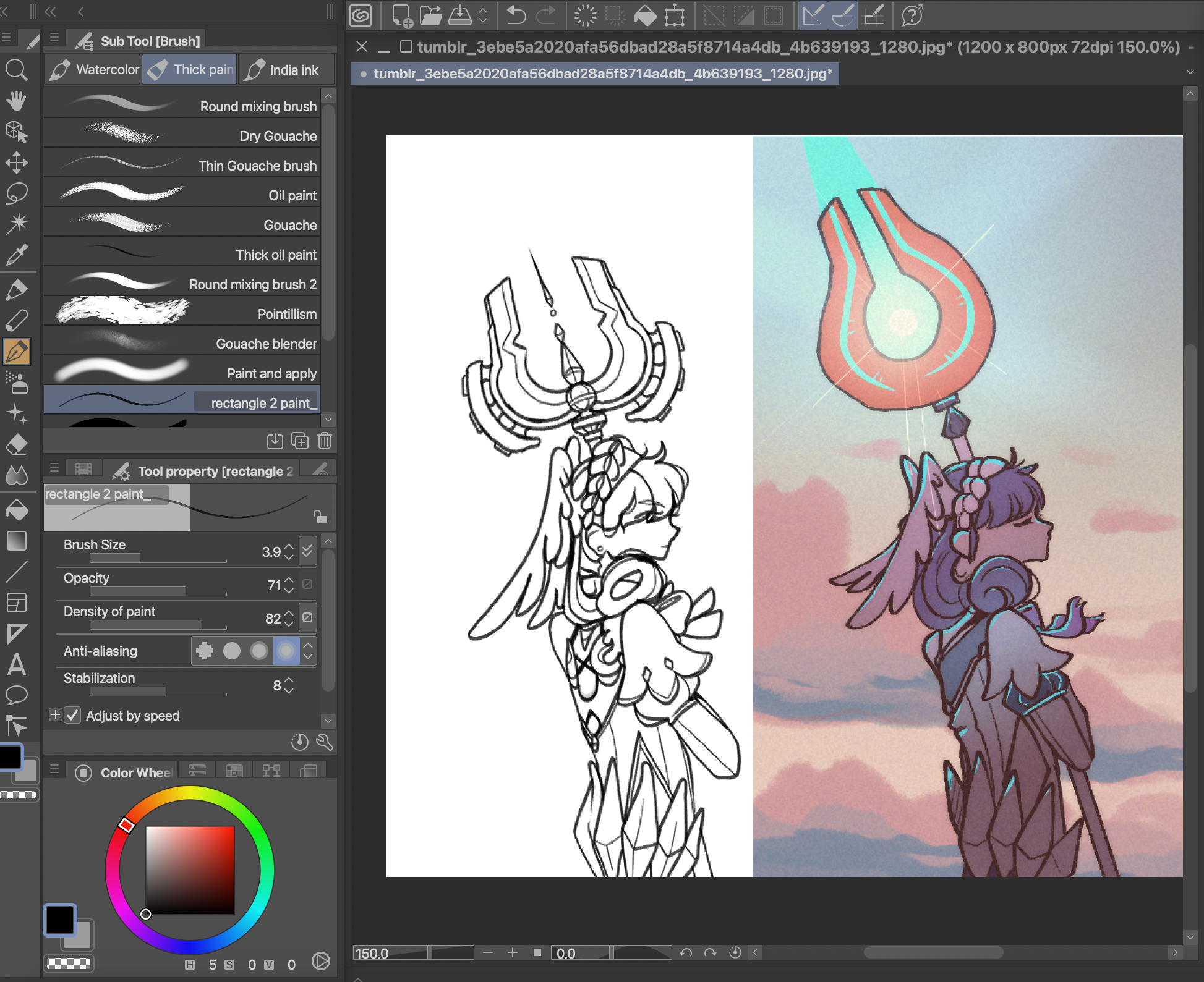 In-progress screenshot of the above drawing of Melia. A redraw of similar art from a few years ago.