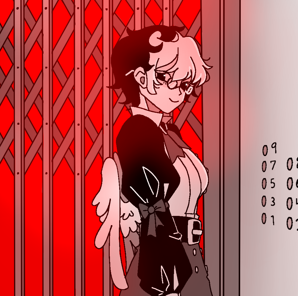 Drawn for Artfight 2024. The character Phantom in an antique elevator with harsh red lighting.