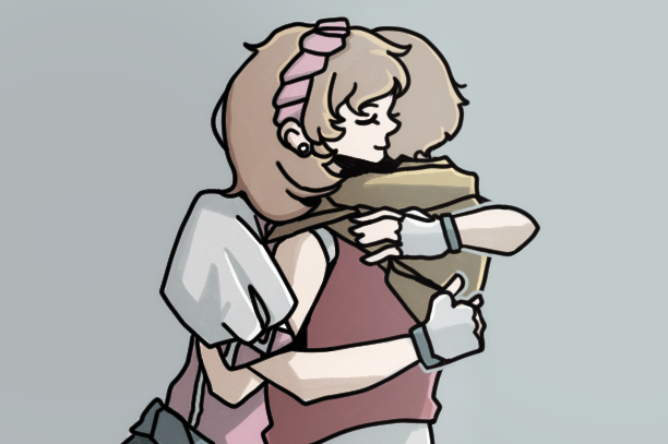 Suikoden 2 Fanart. Features the characters Nanami and Riou hugging.